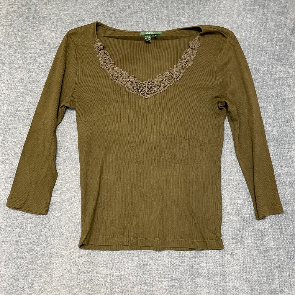 Lauren Ralph Lauren Top Womens Medium Olive Green Lace Trim Neckline Ribbed Knit